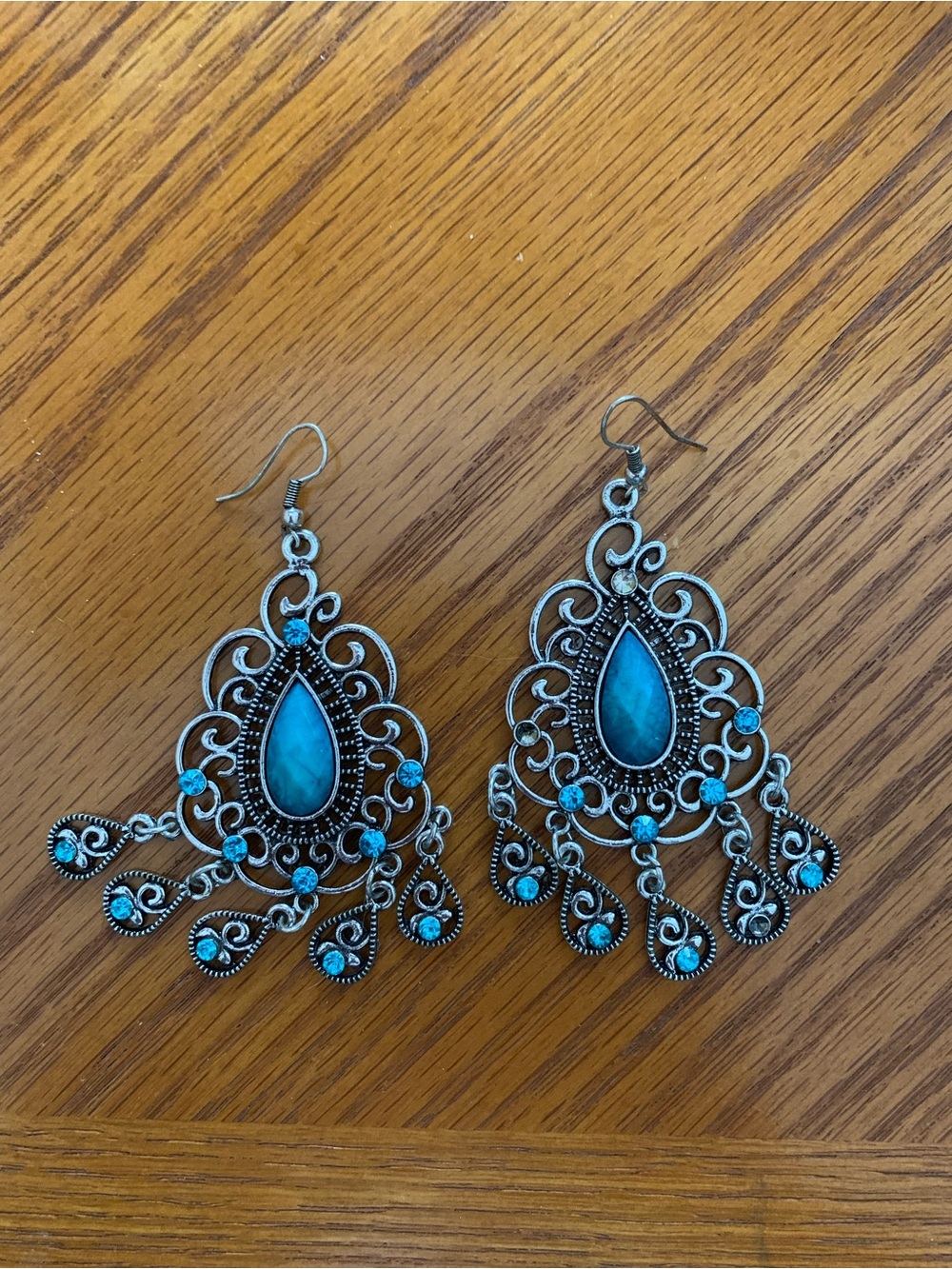 Ornate Teardrop Filigree Dangle Earrings in Turquoise Blue